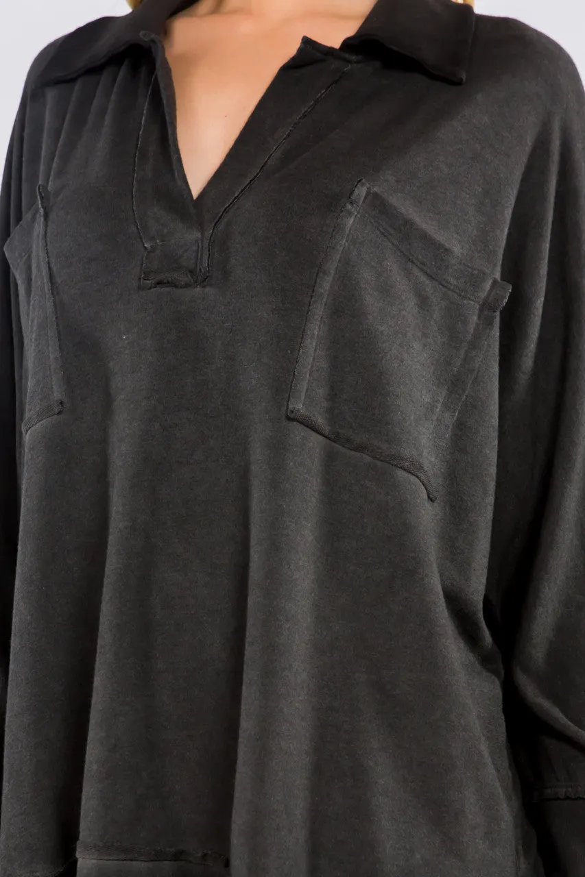 Oil Washed Baby French Terry Collared Tunic - Caviar